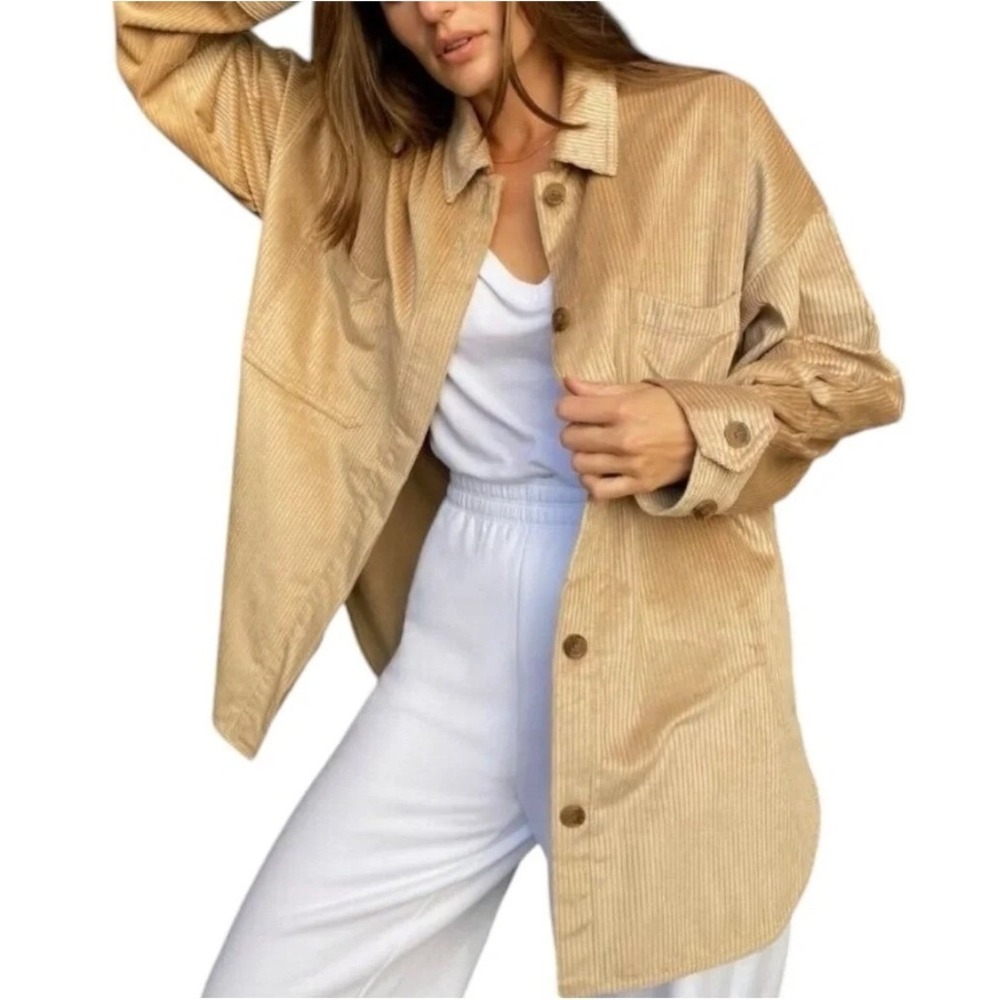Aritzia Womens Oversized Corduroy Shacket Tan Beige Button Front Pocket XS